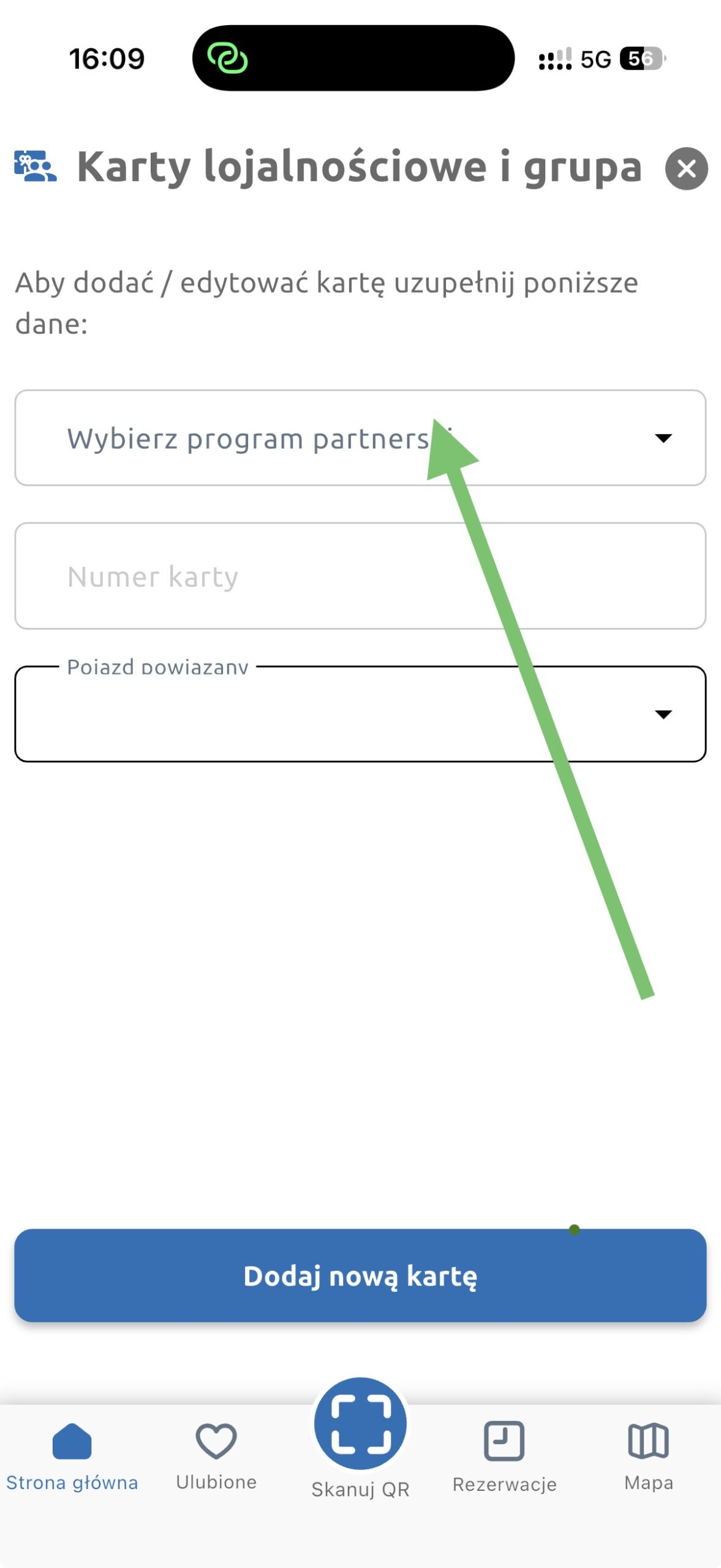 Formularz dodawania karty: program partnerski, numer karty, pojazd powiązany