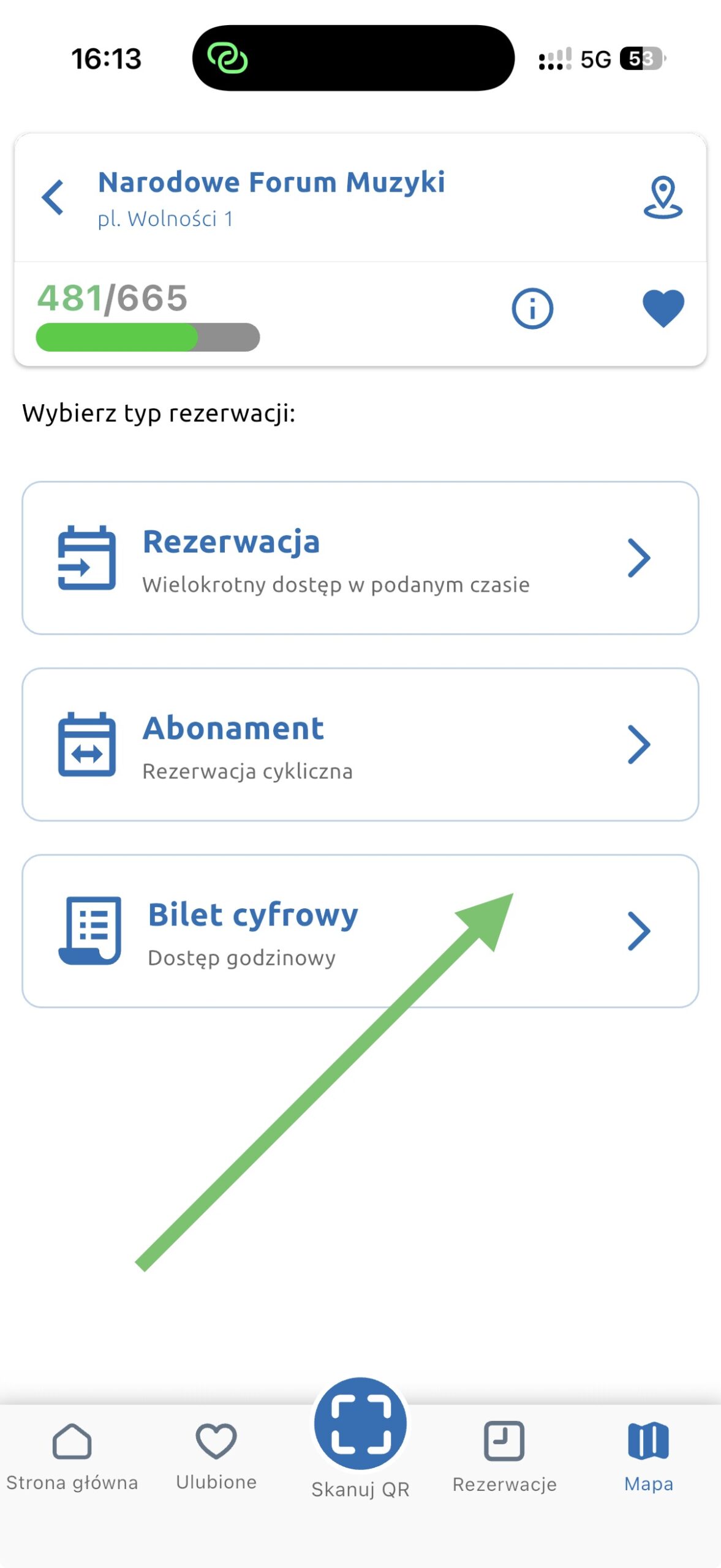 Wybór typu rezerwacji, strzałka wskazuje Bilet cyfrowy