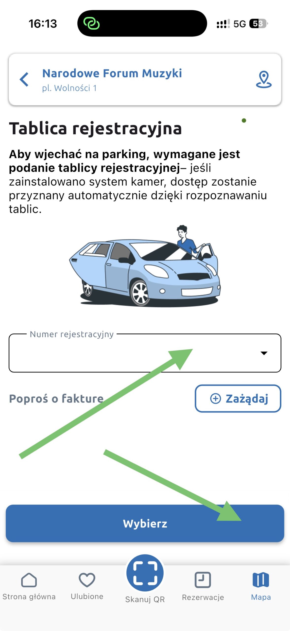 Ekran Tablica rejestracyjna z polem numeru i przyciskiem Wybierz